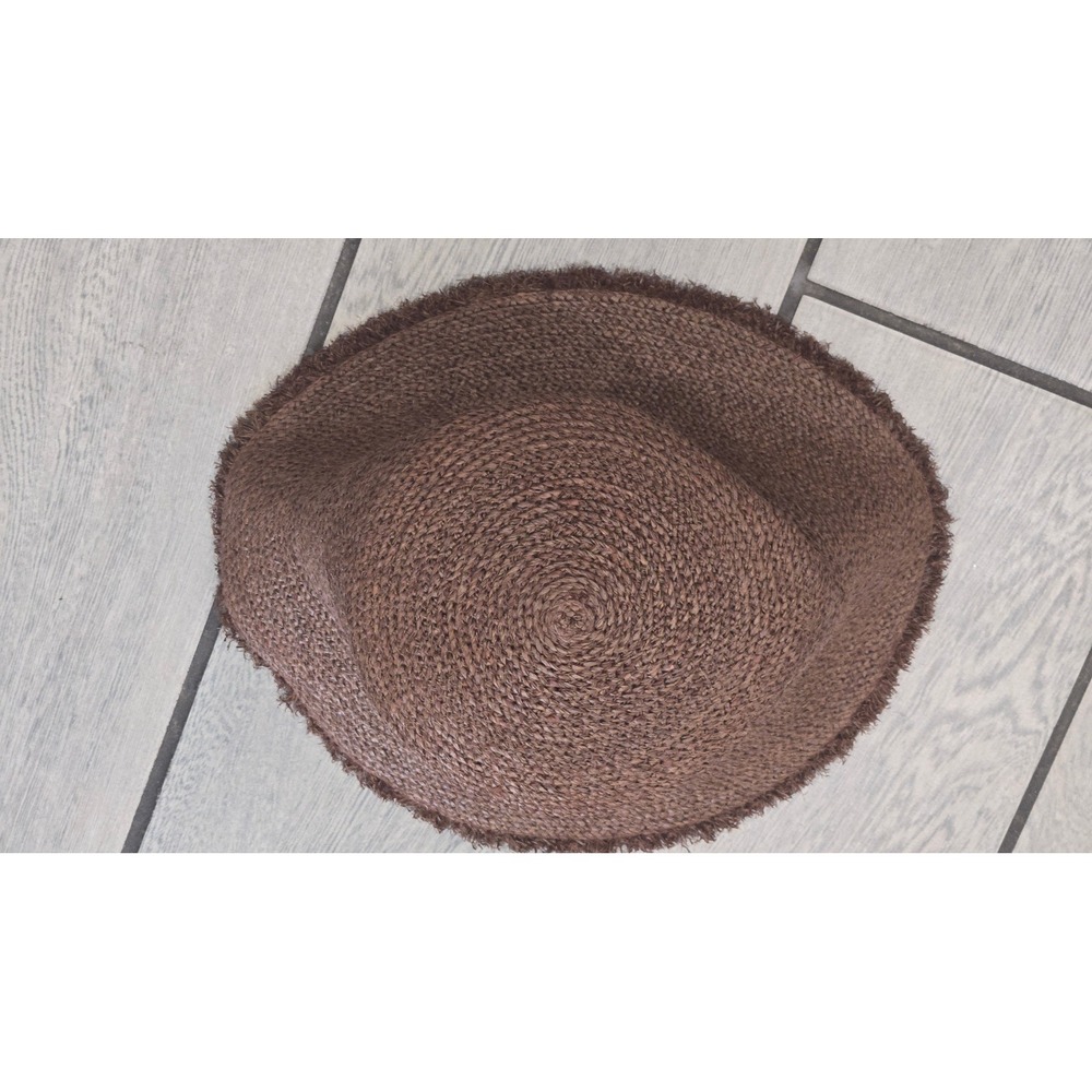 Hemlock Brown Raffia Bucket Hat Frayed Edge Straw Sun Hat Size M 57cm